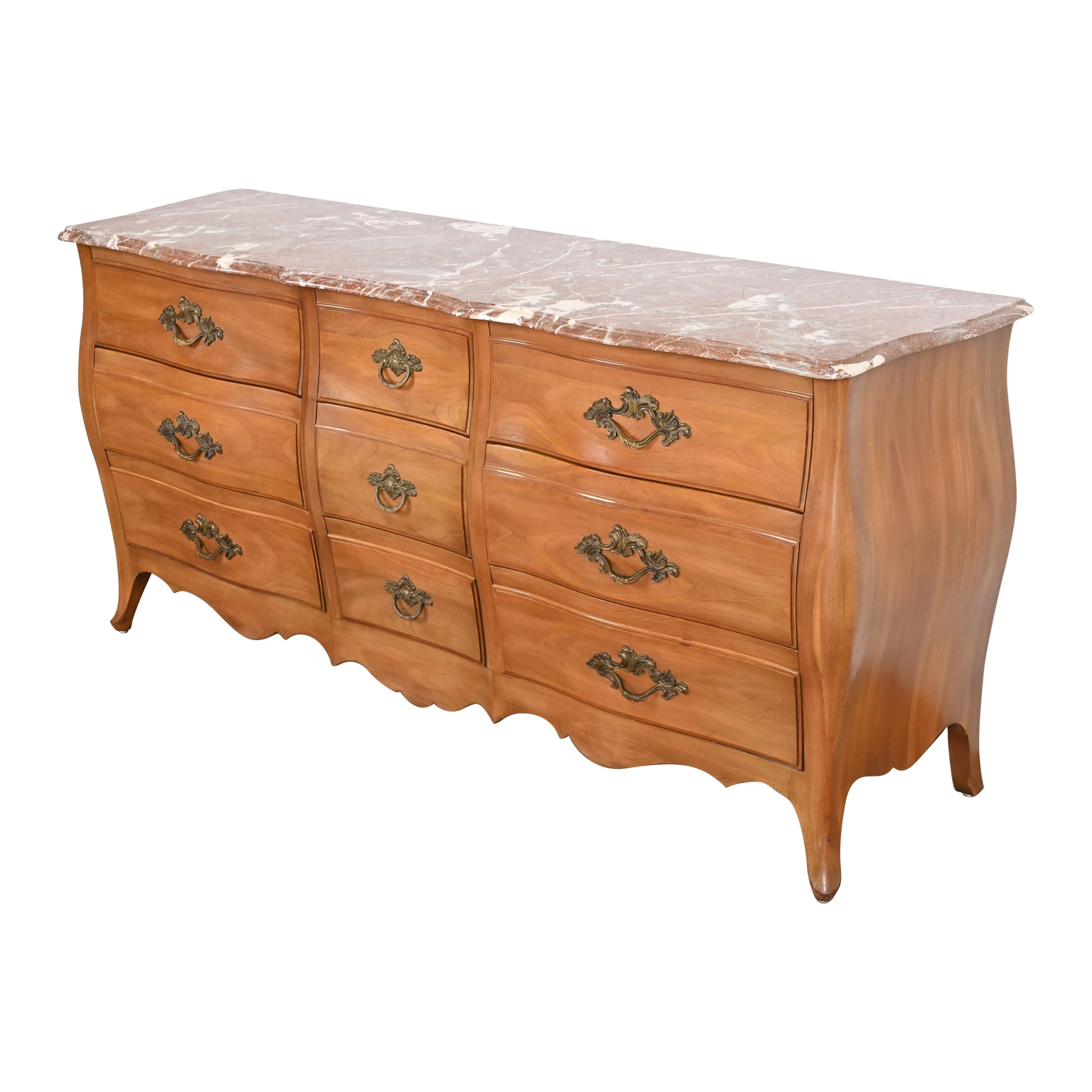 John Widdicomb French Provincial Louis XV Cherry Wood Marble Top Triple Dresser