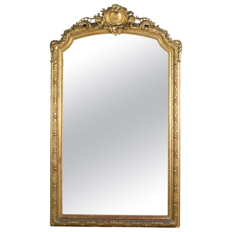 Miroir Baroque Mural à Colonne - Style Antique Shabby Chic - Dimensions 85x156 Cm - Cadre Bois Gris & Or