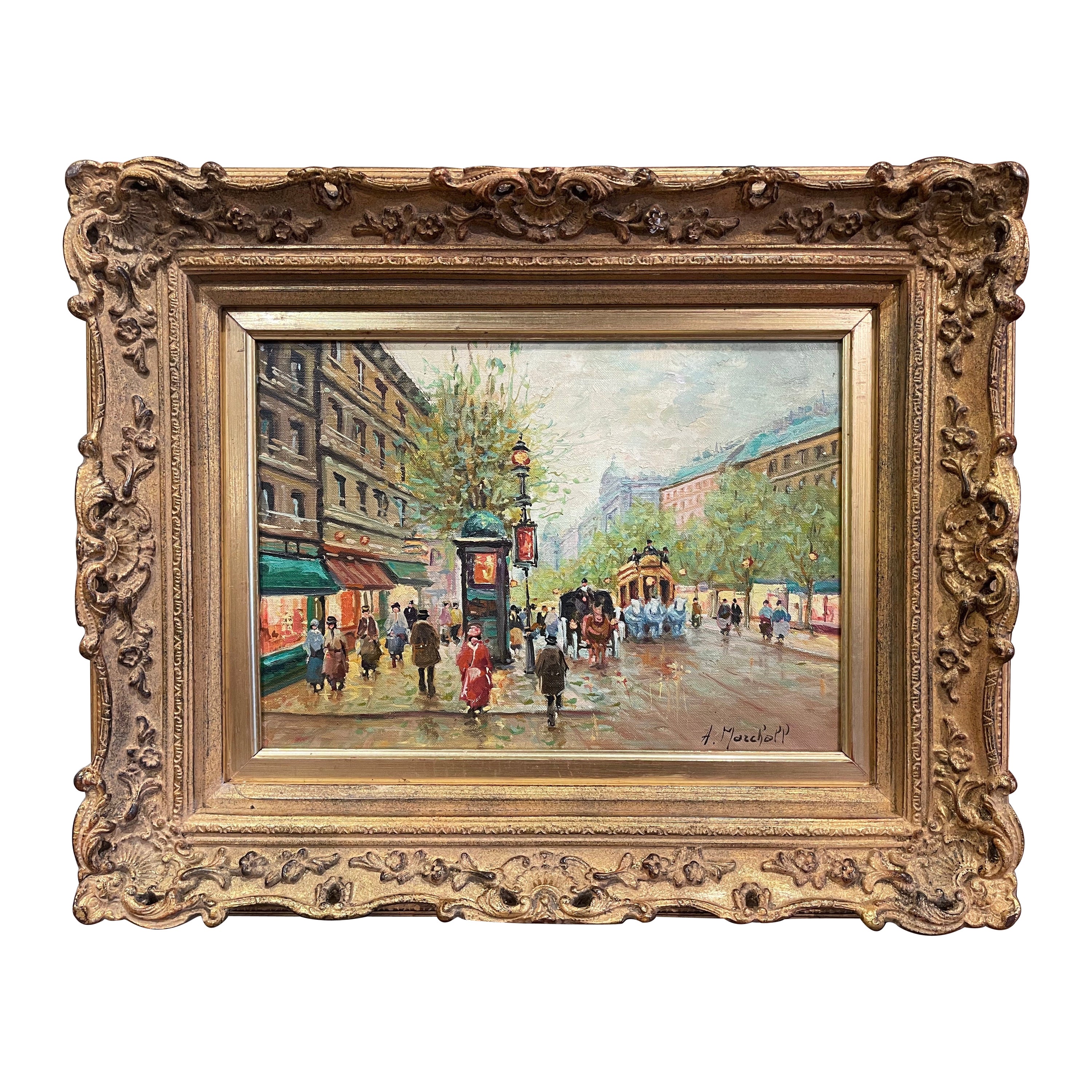 Peinture à l'huile de rue parisienne du milieu du siècle dernier dans un cadre sculpté et doré signé a. Marchall en vente