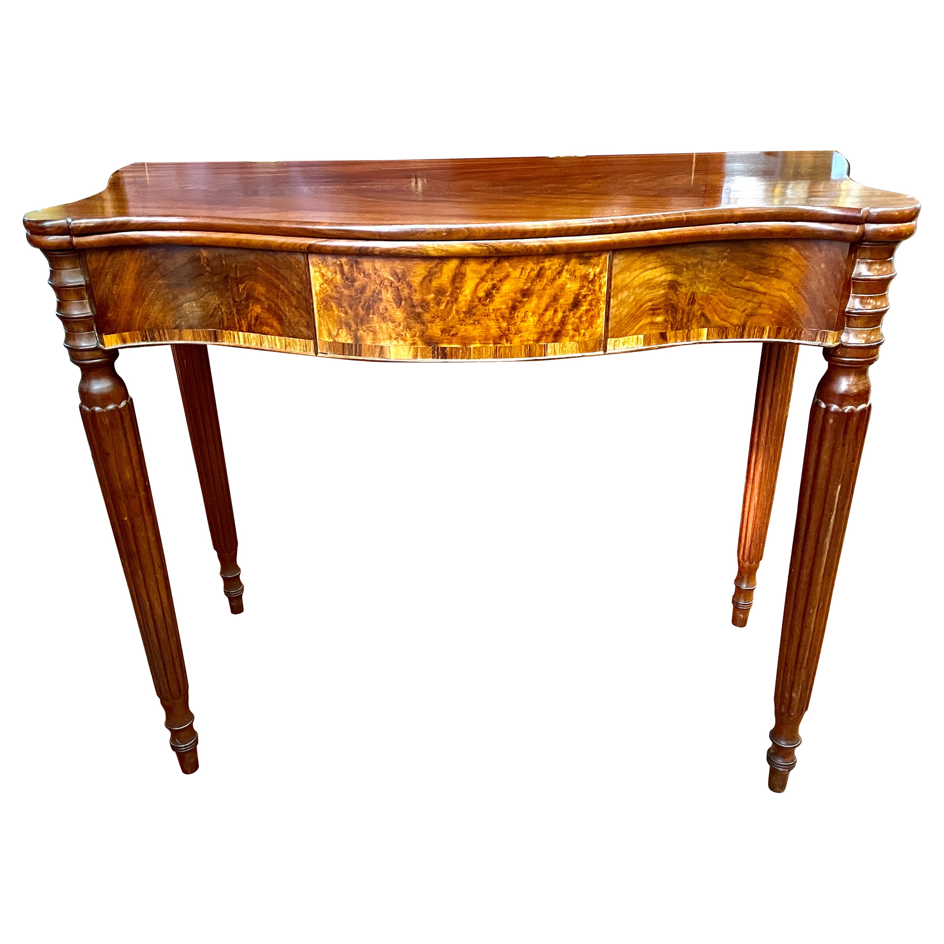 American Federal Inlaid Mahogany MA Serpentine Sheraton Flap-Top Games Table For Sale