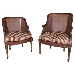 Antique 19th Century French Louis XVI Ormolu Mounted Accent Bergere Chairs, a Pair