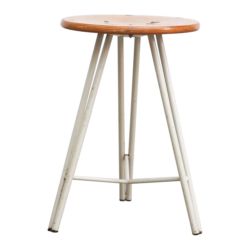 Vintage Pilastro Style Dutch Tripod Task Stool with White Legs and Wood Seat For Sale