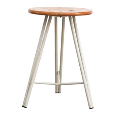 Used Pilastro Style Dutch Tripod Task Stool with White Legs and Wood Seat