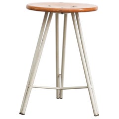 Vintage Pilastro Style Dutch Tripod Task Stool with White Legs and Wood Seat
