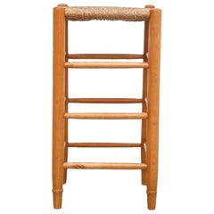Vintage Charlotte Perriand Style Rush and Oak Counter Height Stool with Rounded Legs