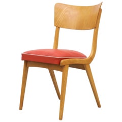 Mid-Century Single Blonde Wood Chair with Red Vinyl Seat and Curved Back