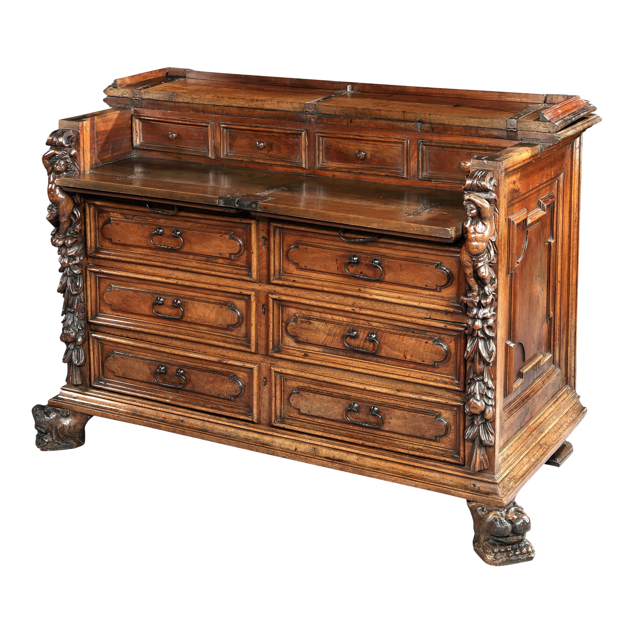 Cassettone oder Bureau-Chest, spätes 16. Jahrhundert, Italienische Renaissance, Nussbaumholz im Angebot