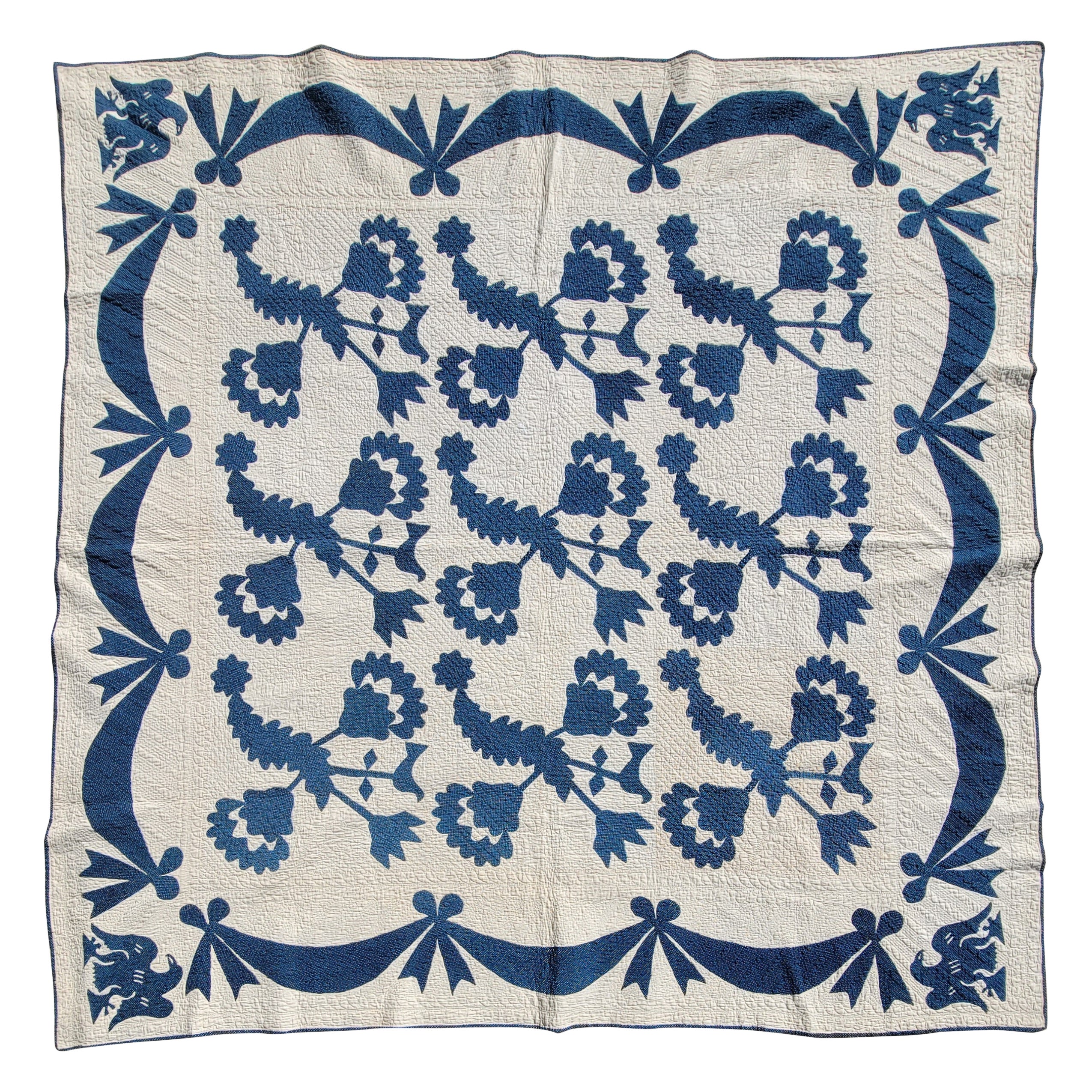 19th Century Blue & White Floral & Birds Applique Quilt