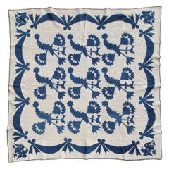 19th Century Blue & White Floral & Birds Applique Quilt