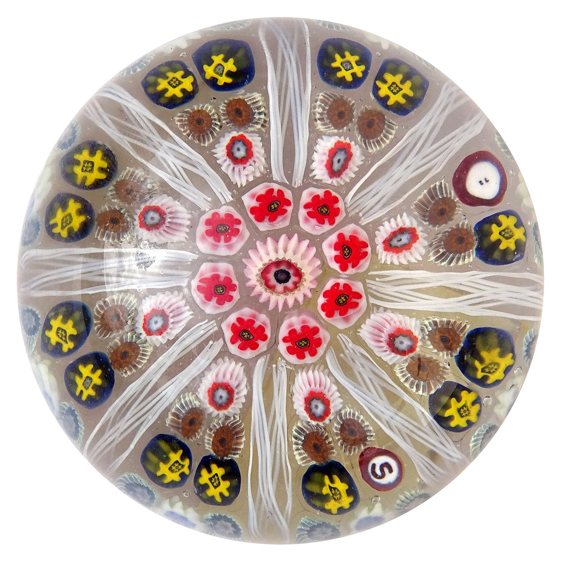 Strathearn Scotland Millefiori Flowers Red White Ribbons Art Glass Paperweight For Sale