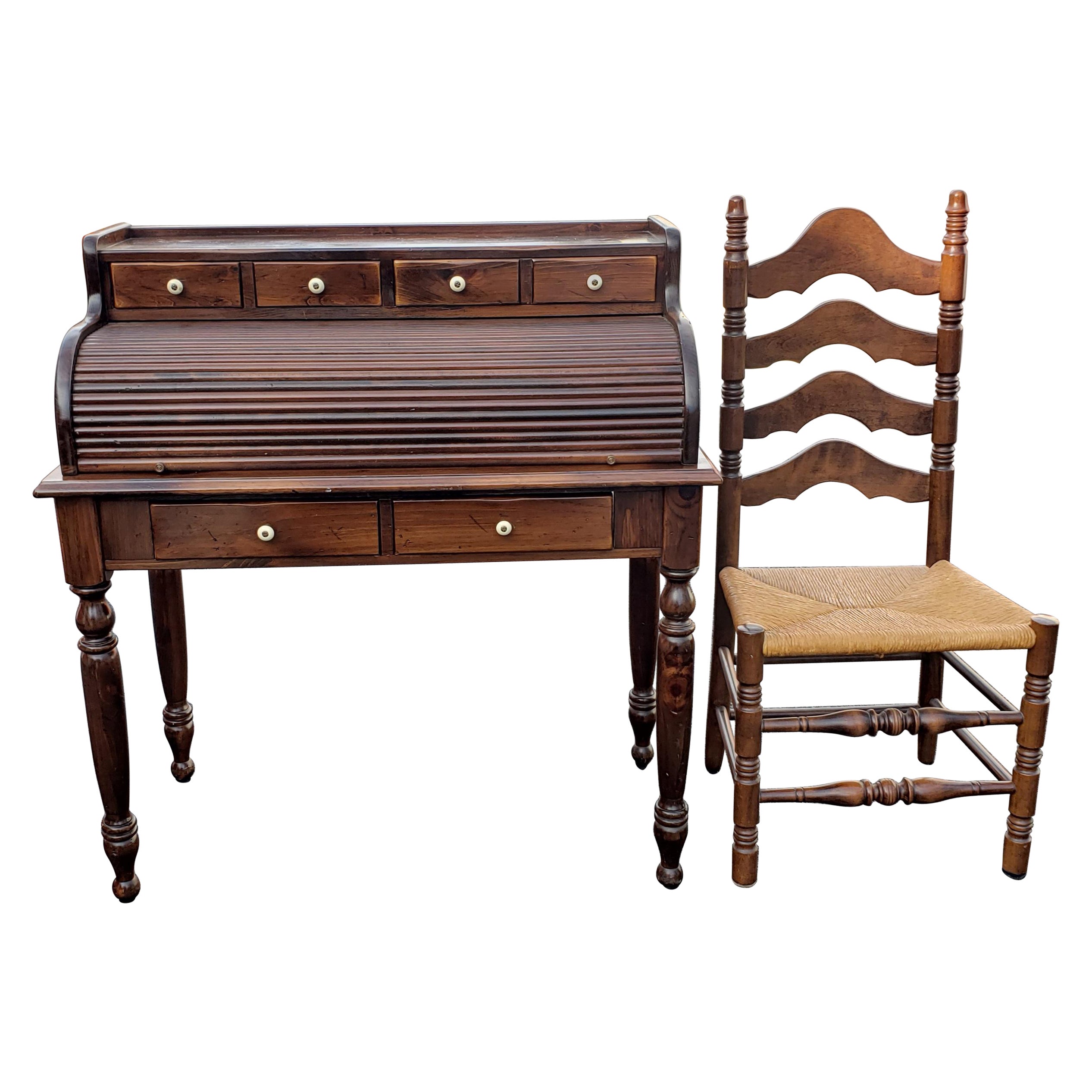 Ethan Allen Old Tavern Rolltop Pine with Ladder Back and Rush Seat ...
