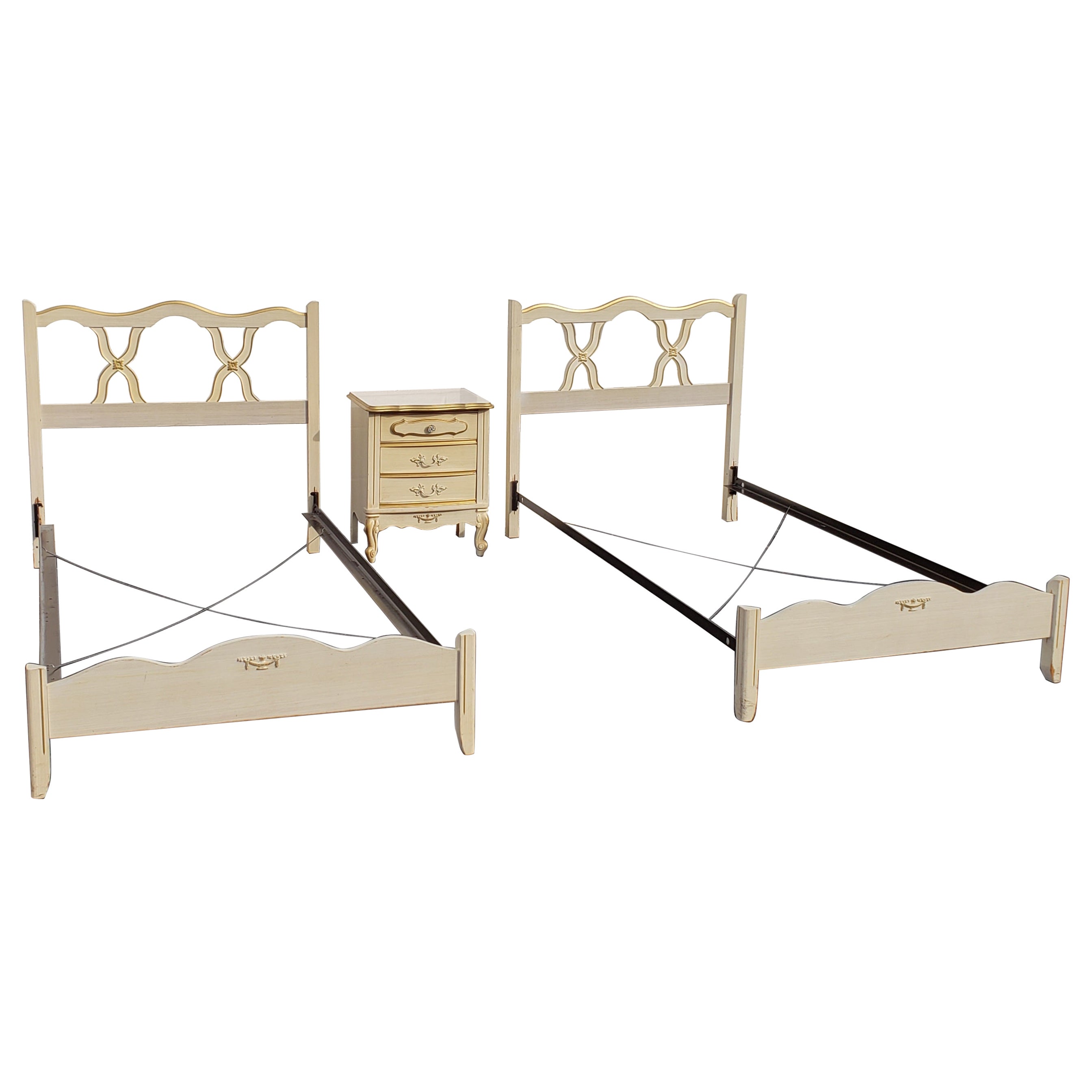 Pair of Mid-Century French Country Twin Size Bedframes and Bedside Chest