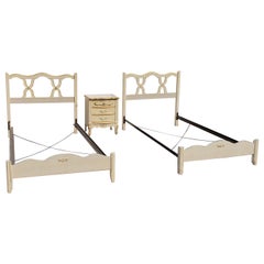 Retro Pair of Mid-Century French Country Twin Size Bedframes and Bedside Chest