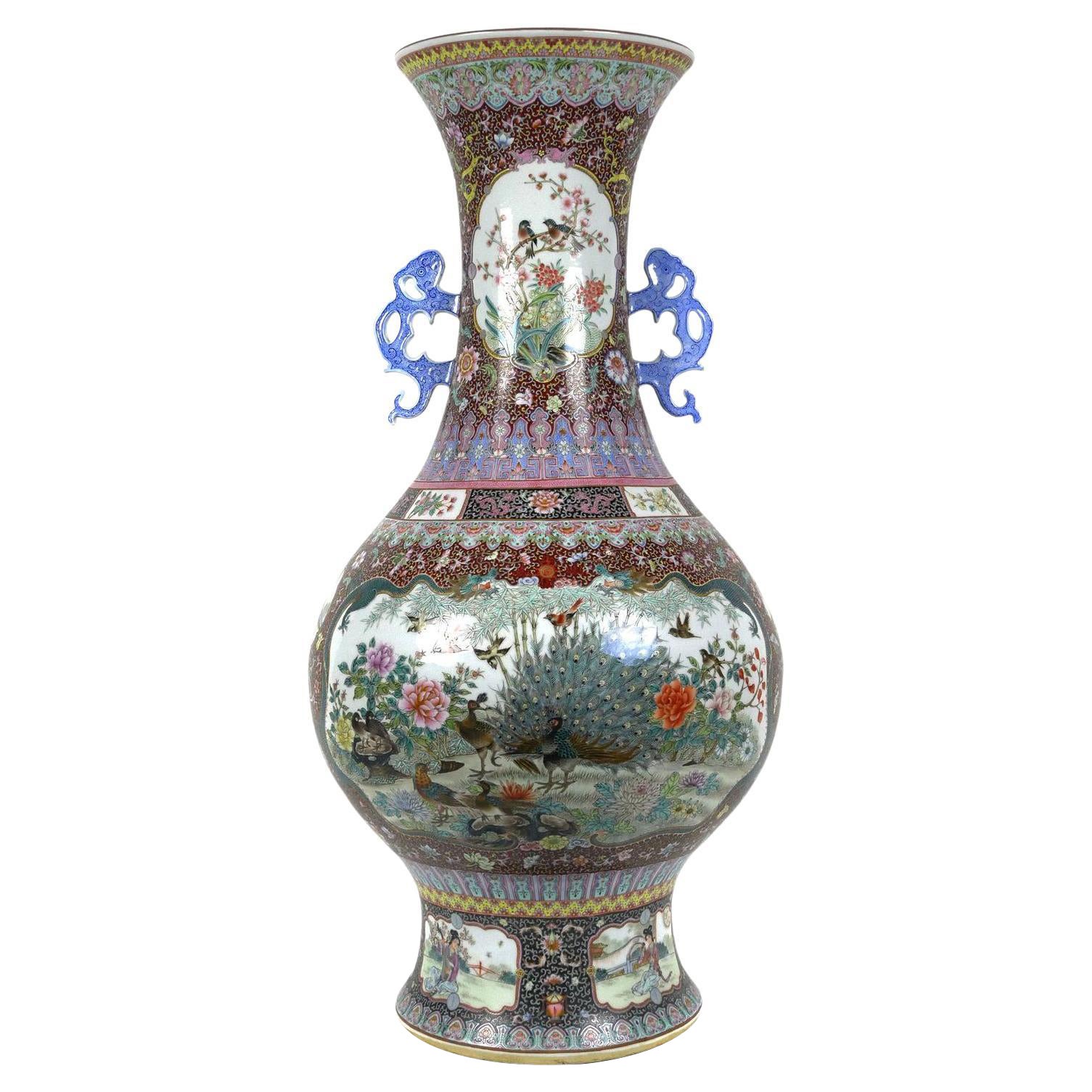 Vase de palais monumental en porcelaine Famille Rose « Paon » de Chine