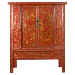 Large Qing Dynasty 19th Century Red Lacquer Armoire with Gilt Décor