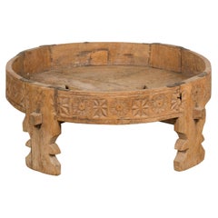 Indian 1920s Teak Chakki Grinding Table with Hand-Carved Geometric Décor