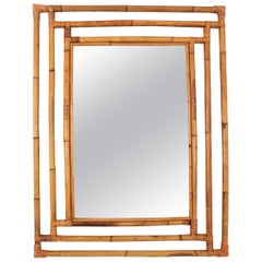 Bamboo Rattan Large Rectangular Mirror with Geometric Frame, 1960s