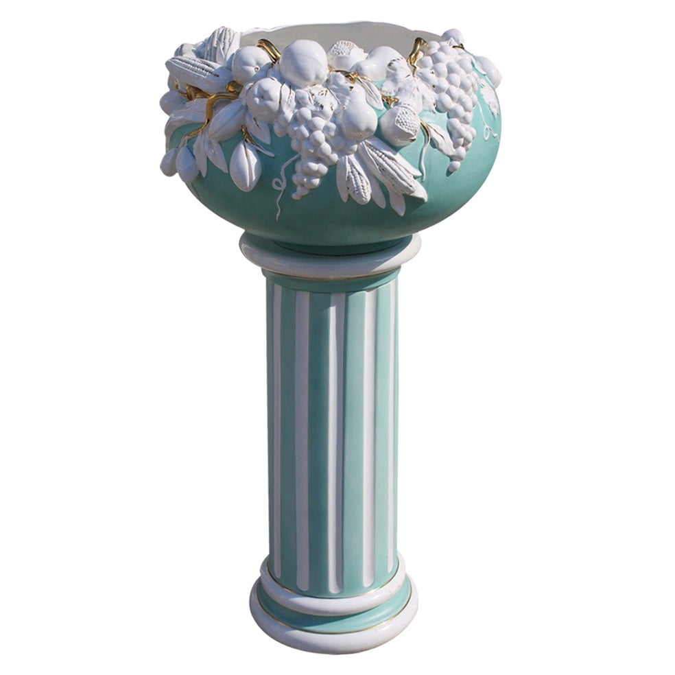 Ceramic Column with Door Plant Fruit  White Green Flowers Tommaso Barbi, 1970s For Sale