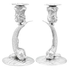 Bougeoirs Vintage Irlandais en Argent Sterling avec Poisson
