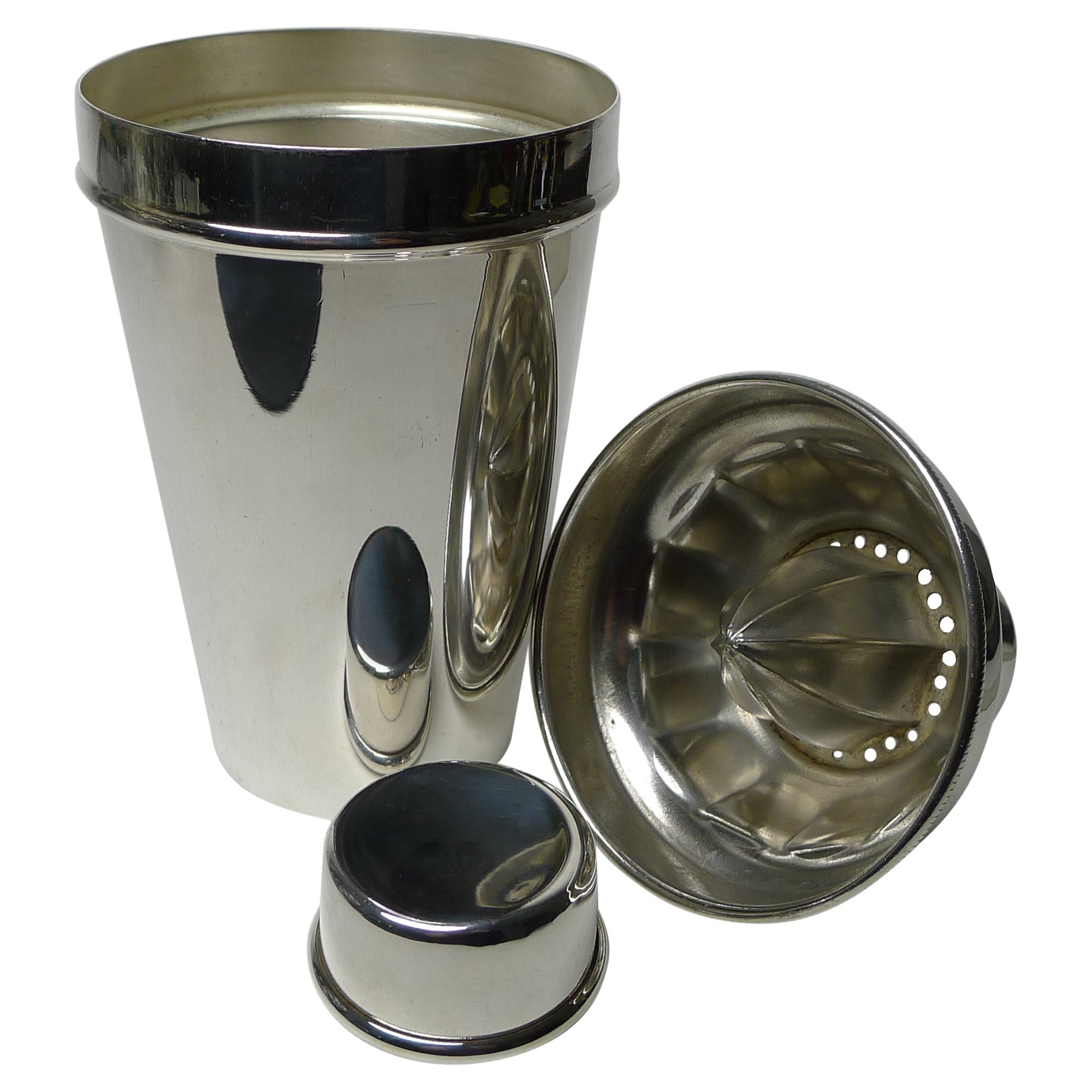 English Art Deco Cocktail Shaker with Integral Lemon Squeezer, circa 1940