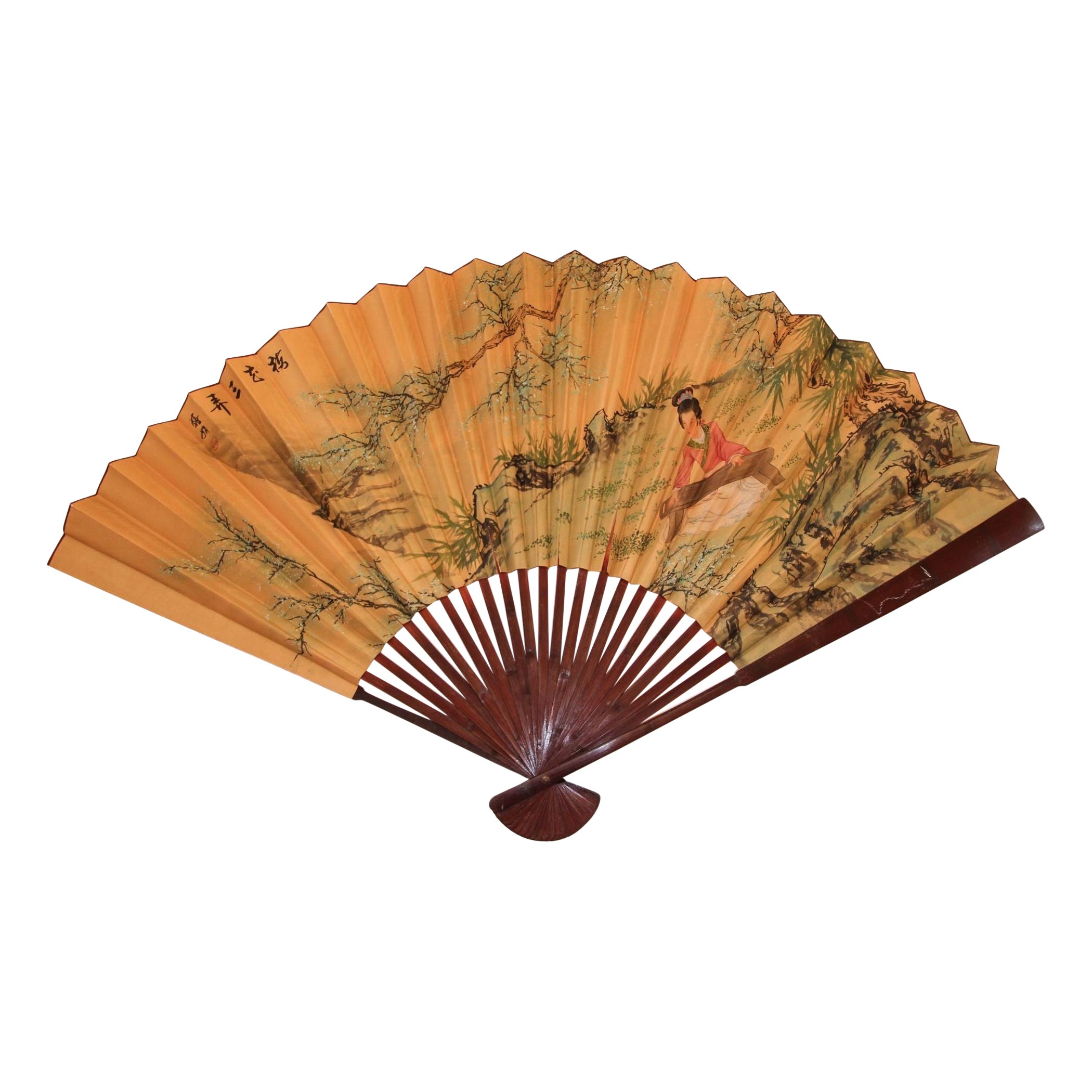 Vintage Mid-20th Century Asian Hand Painted Folding Large Wall Fan For Sale