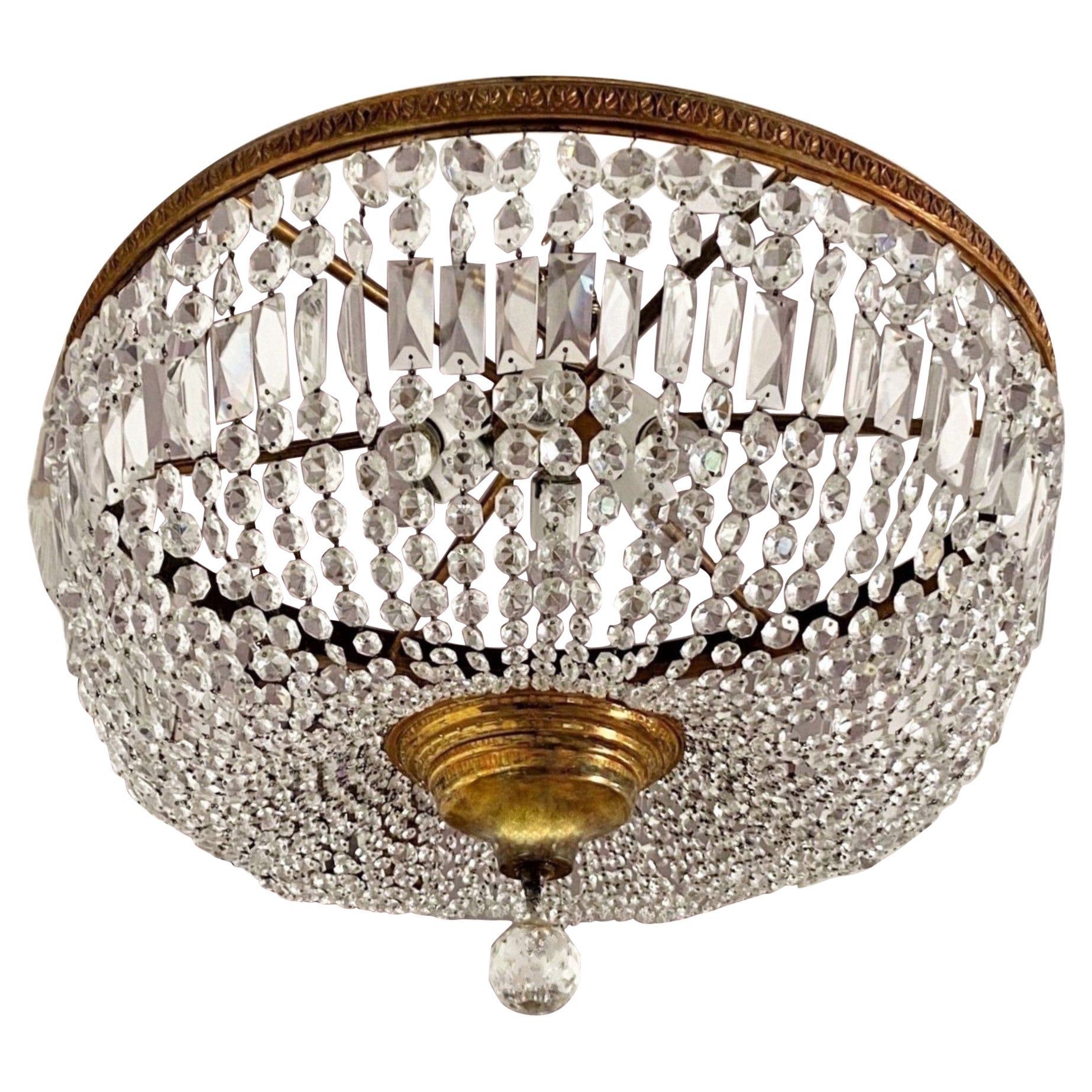 1950s Monumental French Art Deco Faceted Crystal Bronze Flush Mount, Chandelier