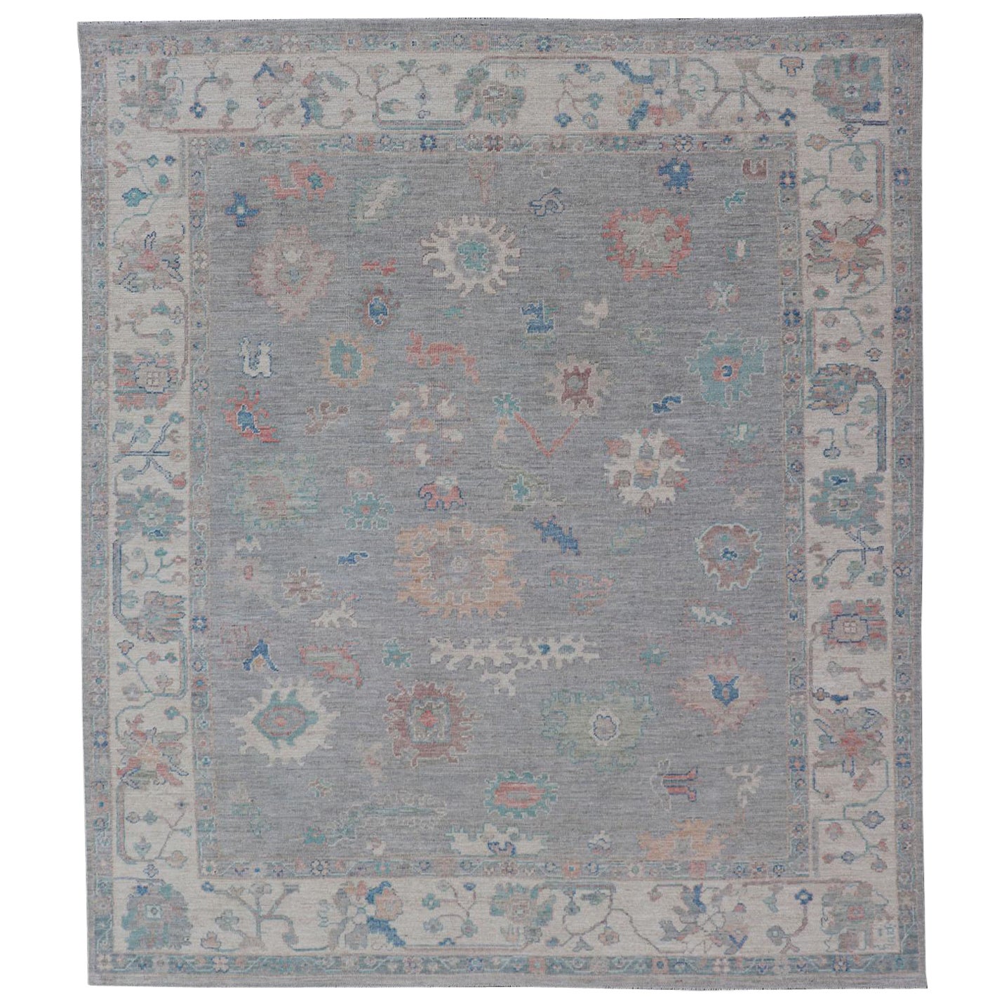 All Over Modern Floral Oushak with A Light Blue-Gray Field and Border With Color For Sale