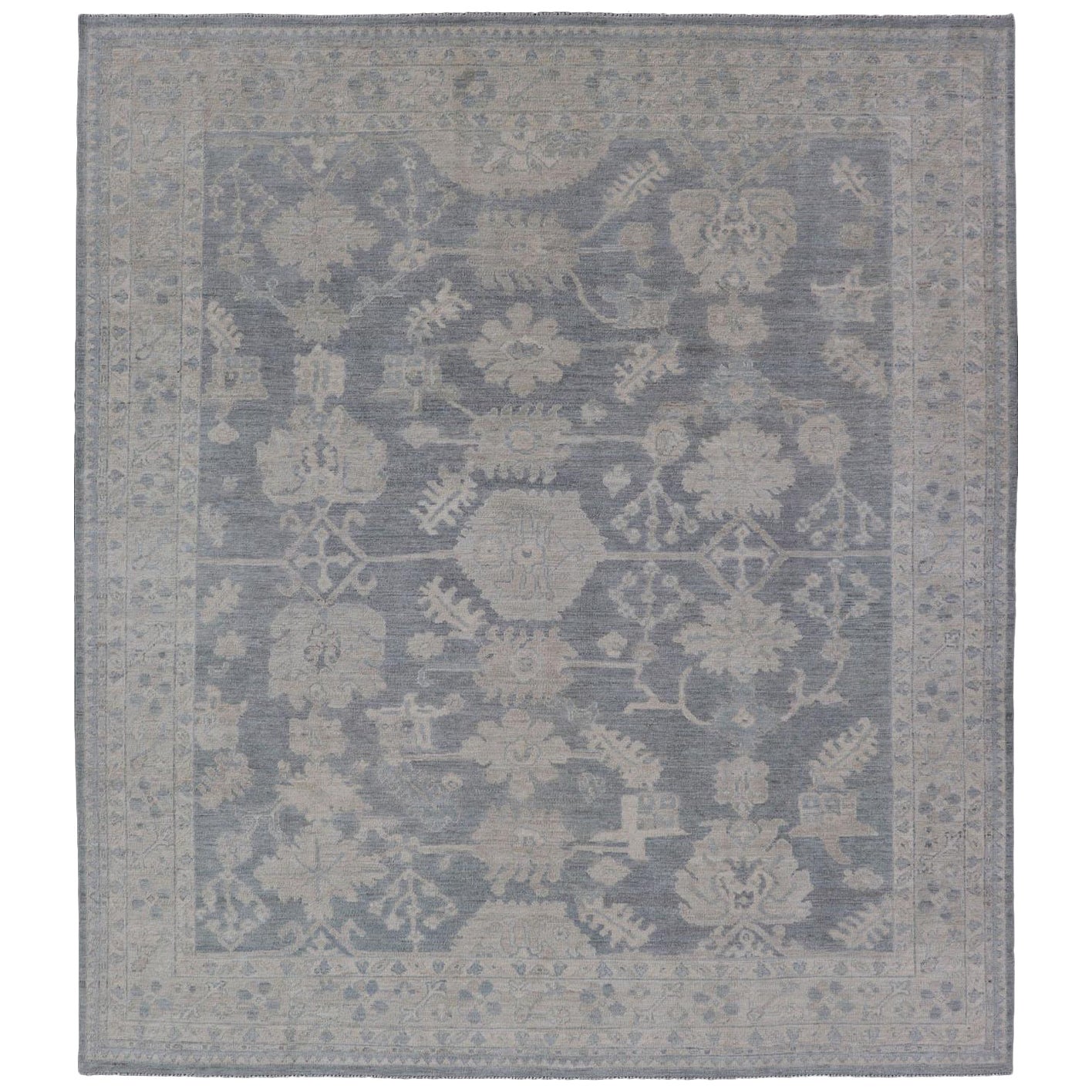 Modern Oushak with Large Floral Motifs with Cream, Blue, and Steel Blue