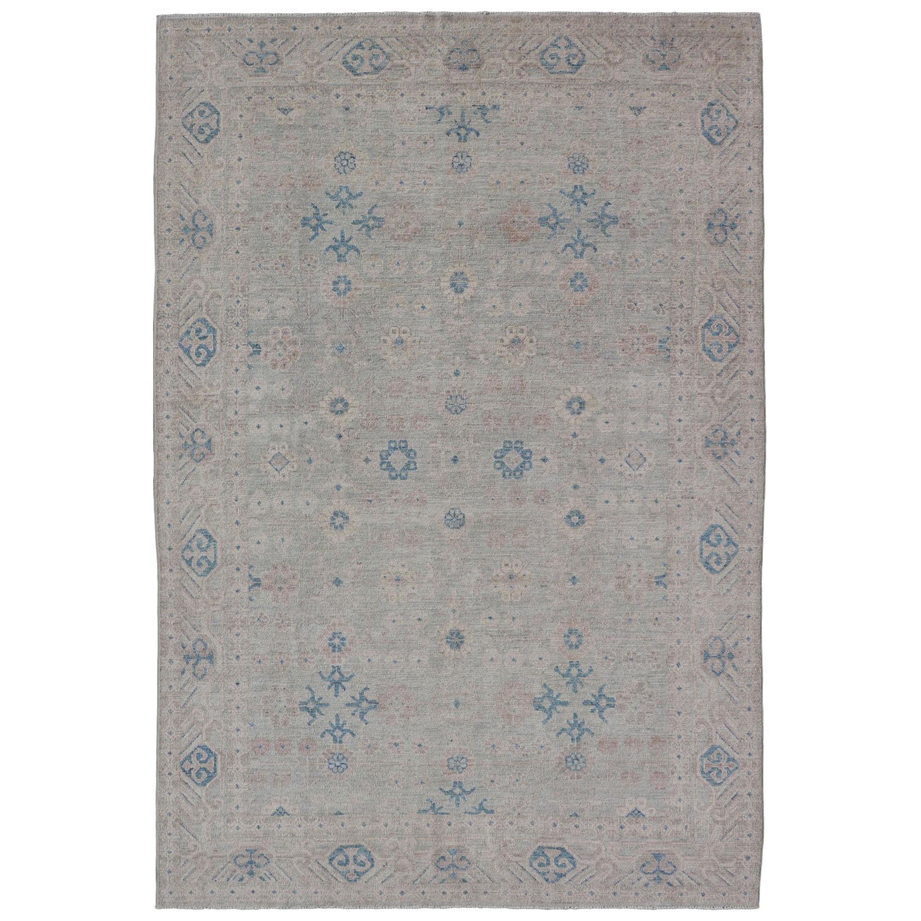 Modern All-Over Modern Khotan Rug with Light Background and Blue Colors For Sale