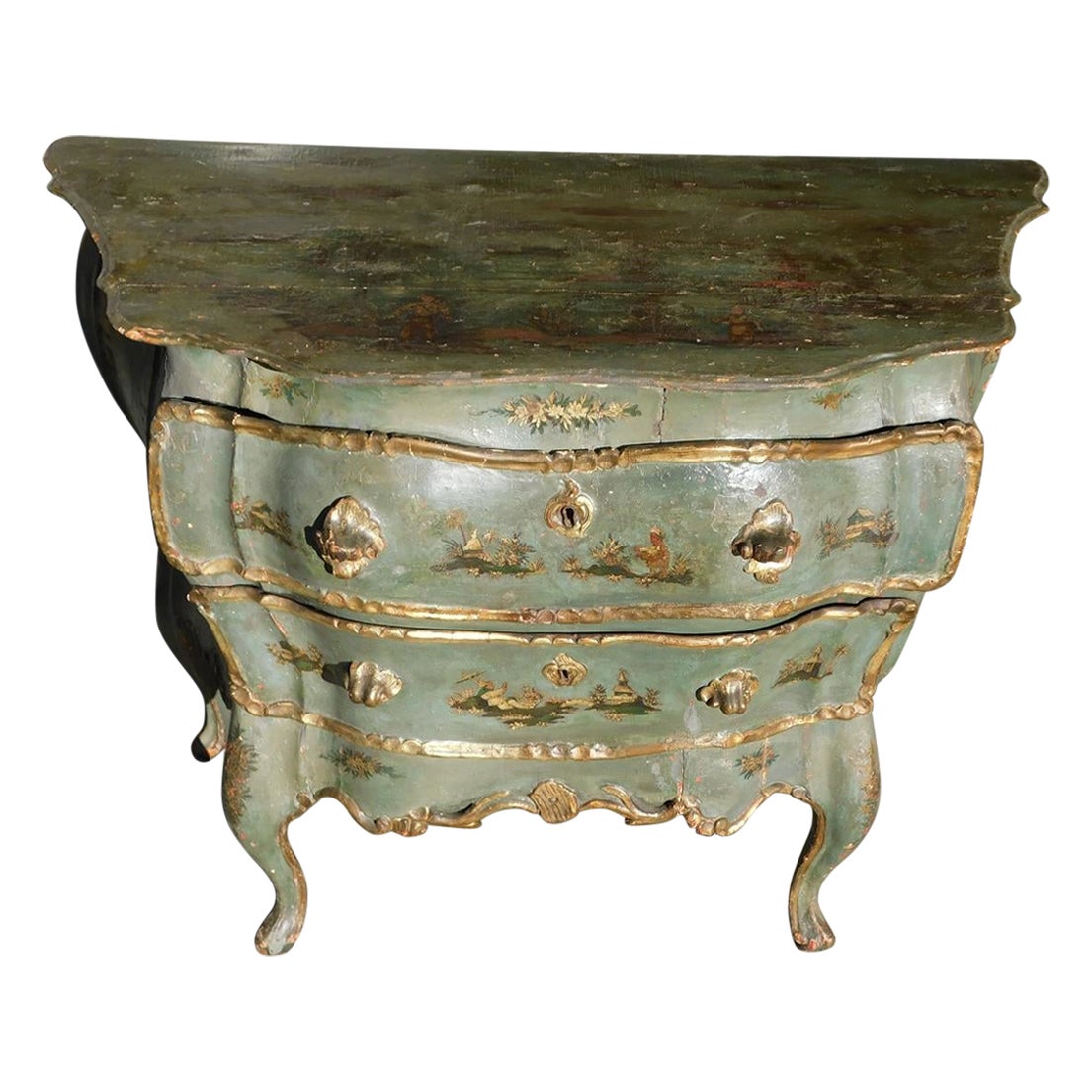 Venetian Hand Painted and Gilt Figural Pagoda Two Drawer Commode, Circa 1780 For Sale