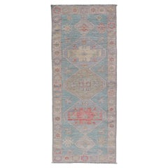 Modern Small Oushak Runner with Teal-Blue Background and Medallion Motif