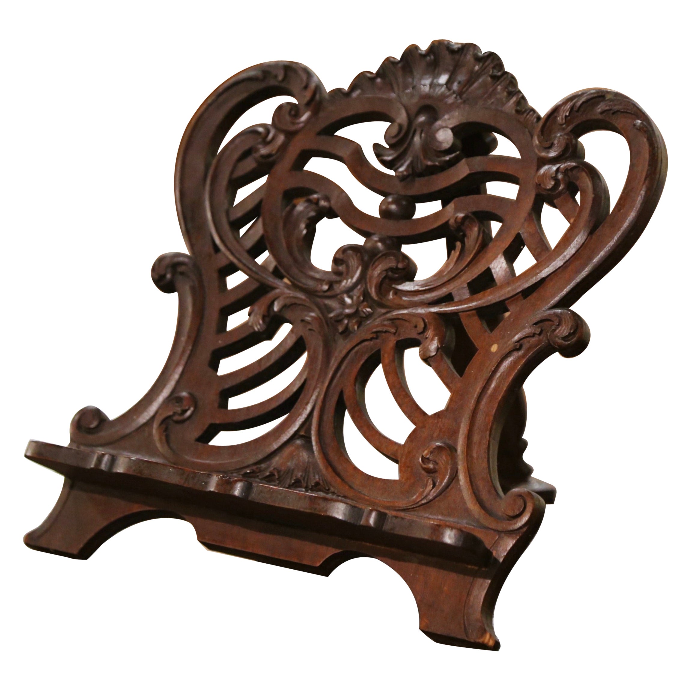 19th Century French Carved Walnut Folding Table Book Stand with Shell Motif For Sale