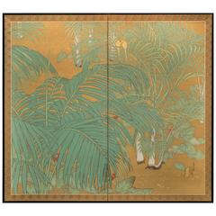 Japanese Screen Tropical Birds in a Grove of Palm Trees