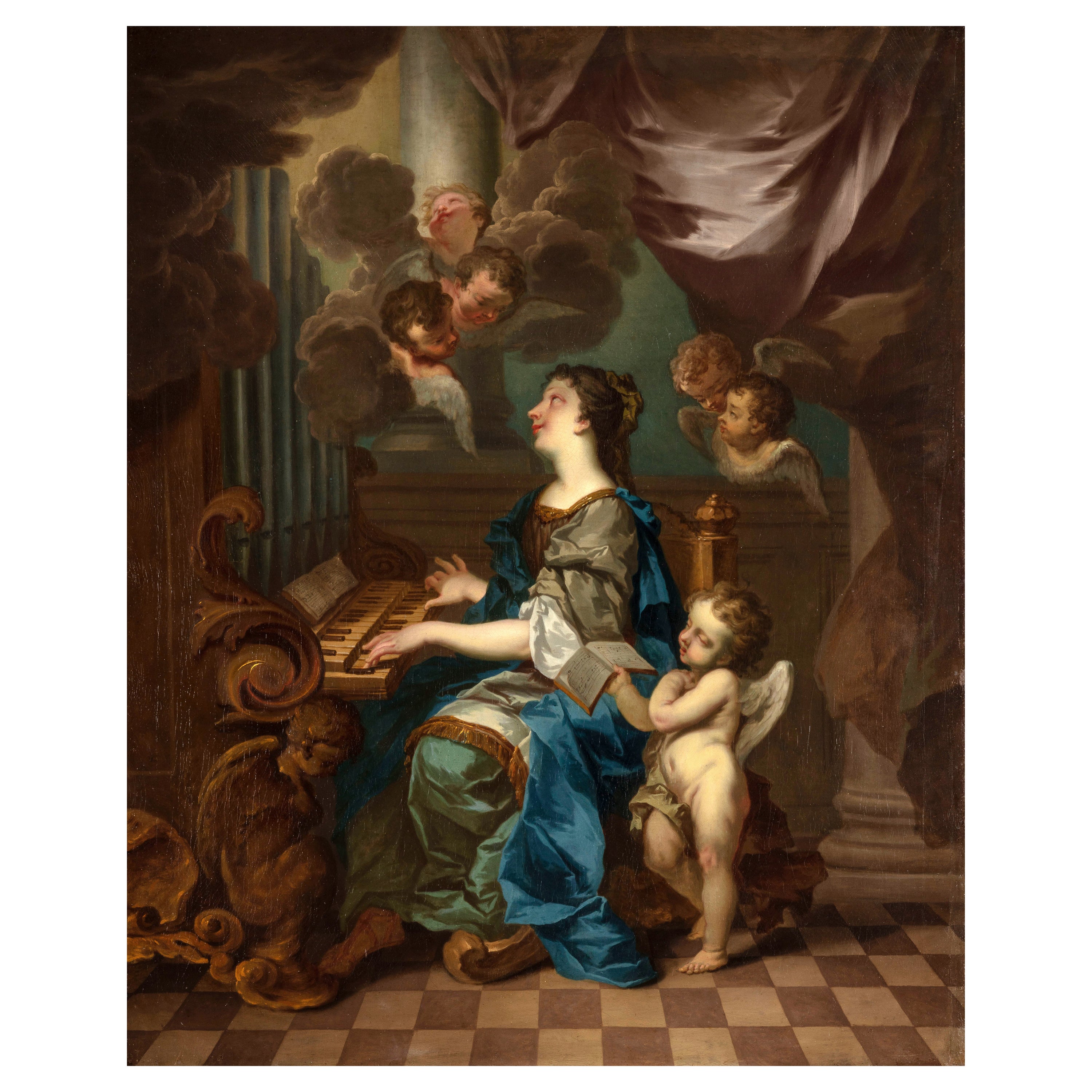 Italienisches Gemälde des 17. Jahrhunderts mit der Heiligen Cecilia mit Engeln im Konzert 