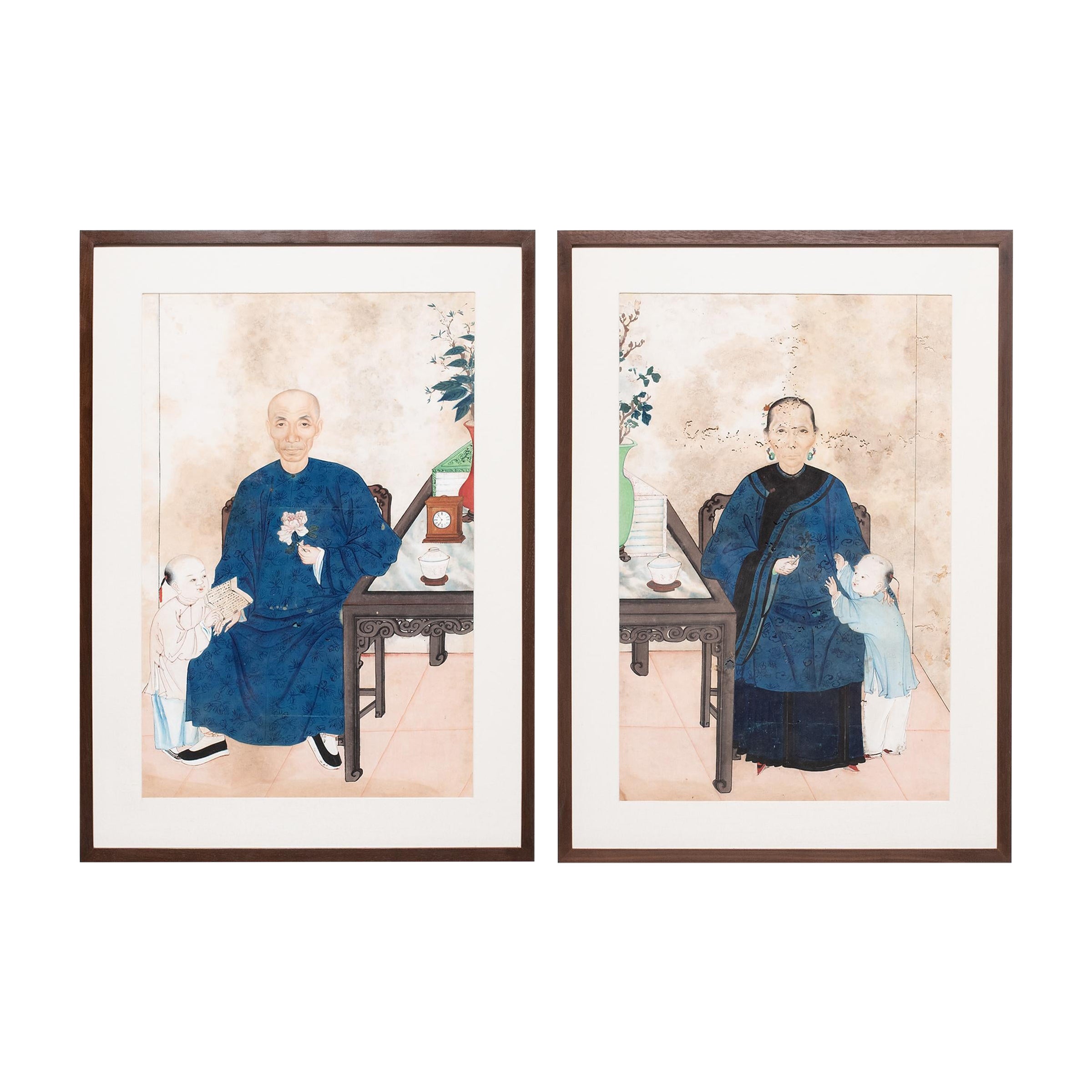 Pair of Framed Chinese Ancestor Portraits, circa 1880s