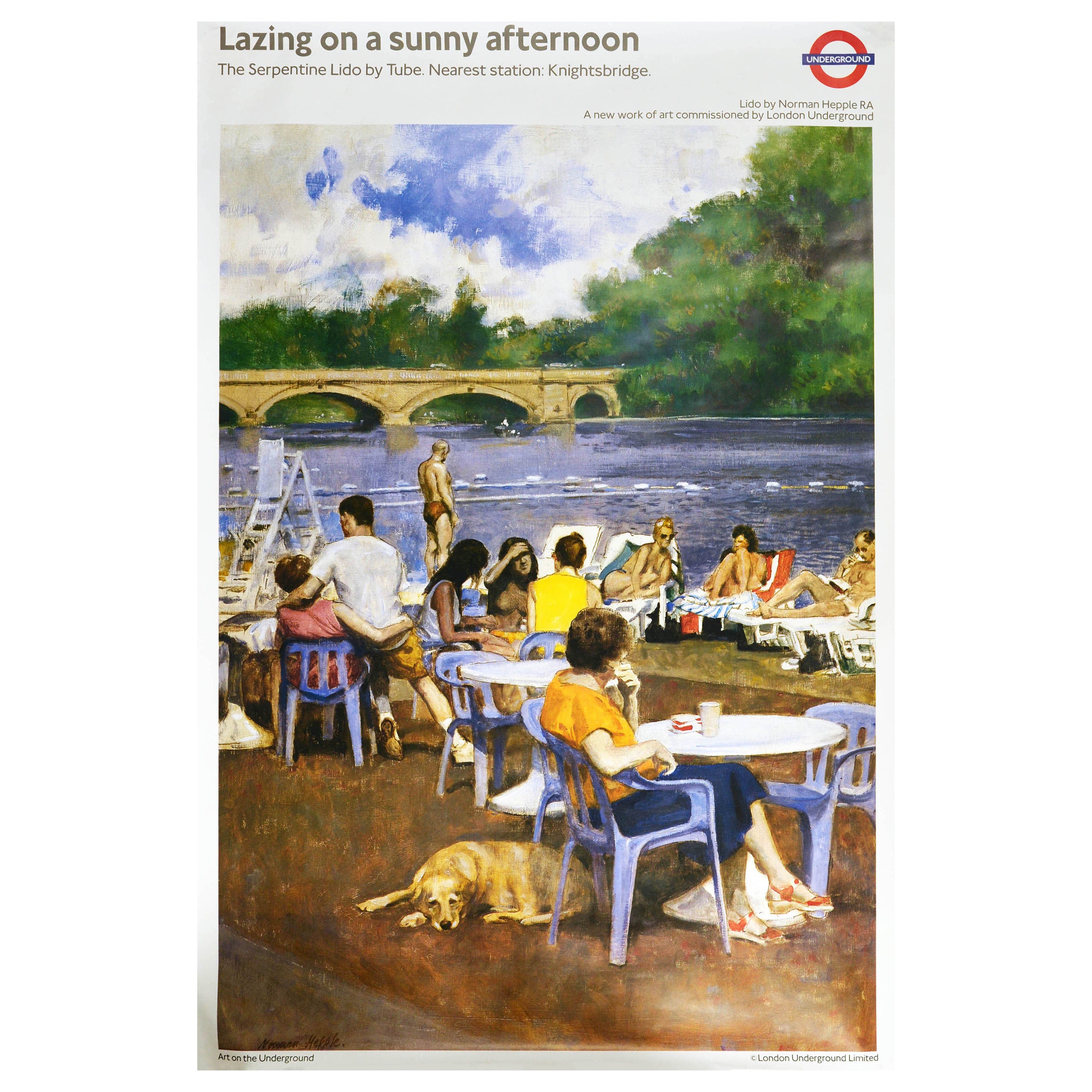 Affiche rétro originale du métro de Londres, Tube Serpentine Lido Sunny en vente