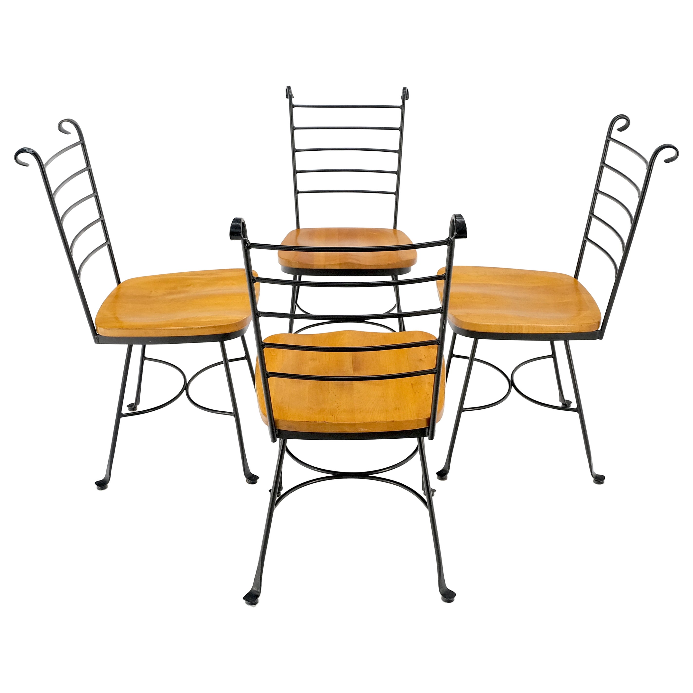 American Mid-Century Modern Wrought Iron & Solid Birch Seats Dining Chairs Mint For Sale