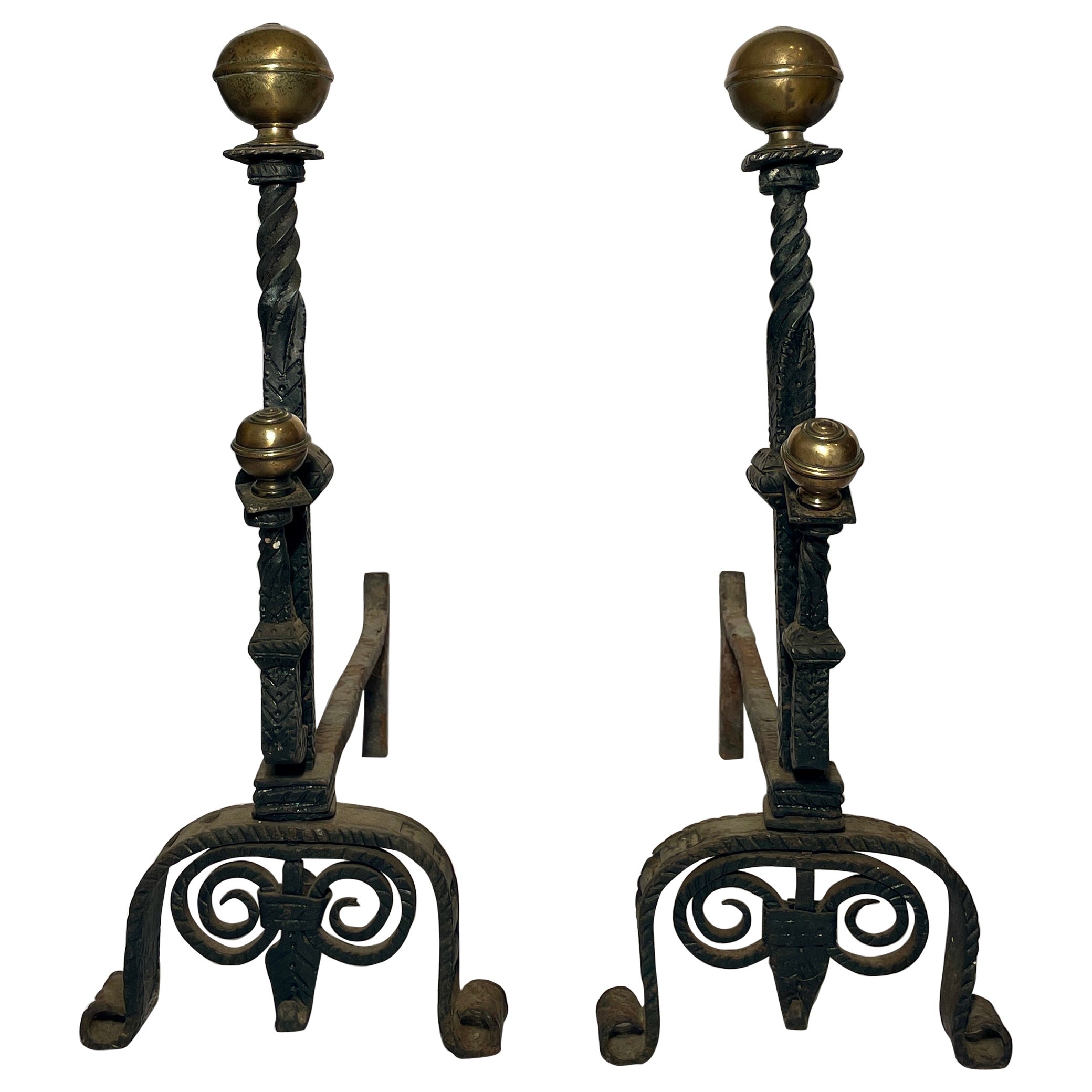 Pair Antique Early 19th Century Wrought Iron and Brass Andirons For Sale