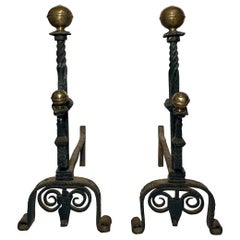 Pair Antique Early 19th Century Wrought Iron and Brass Andirons