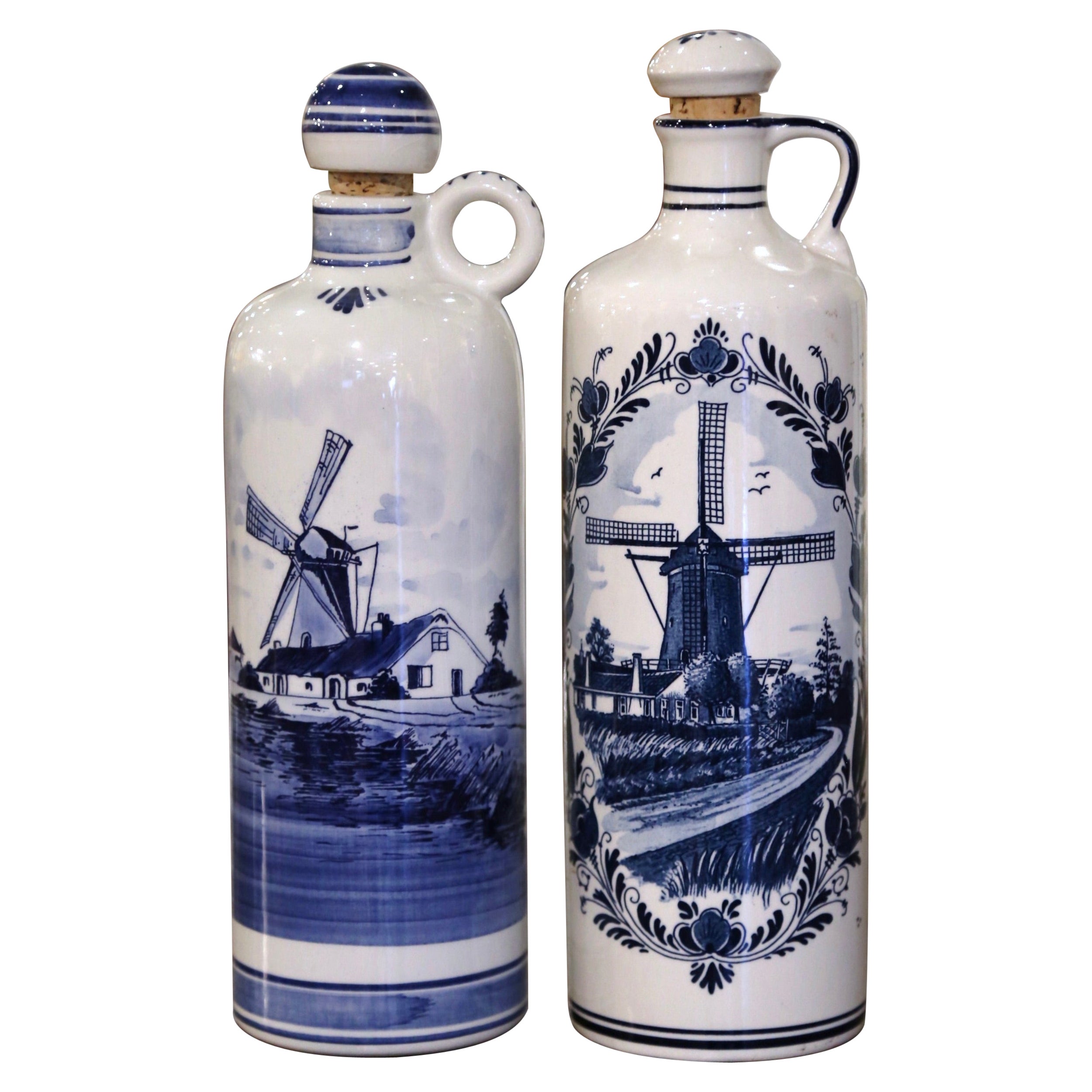 Pair of Midcentury Dutch Blue and White Painted Faience Delft Olive Oil Bottles For Sale