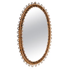 Mid Century French Riviera Rattan and Bamboo Italian Oval Mirror, 1960s