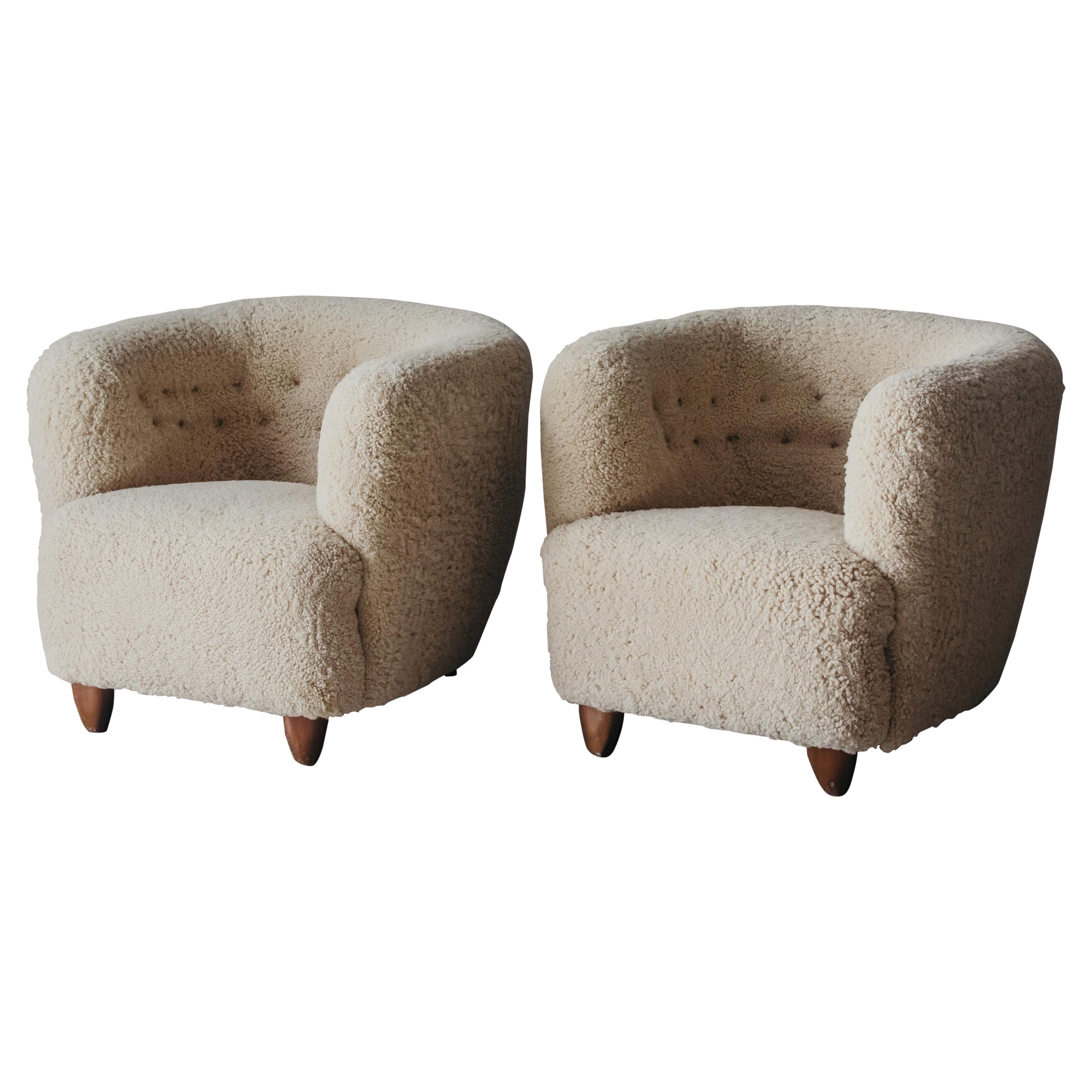 Vintage Pair of Shearling Lounge Chairs from Denmark, circa 1950 For