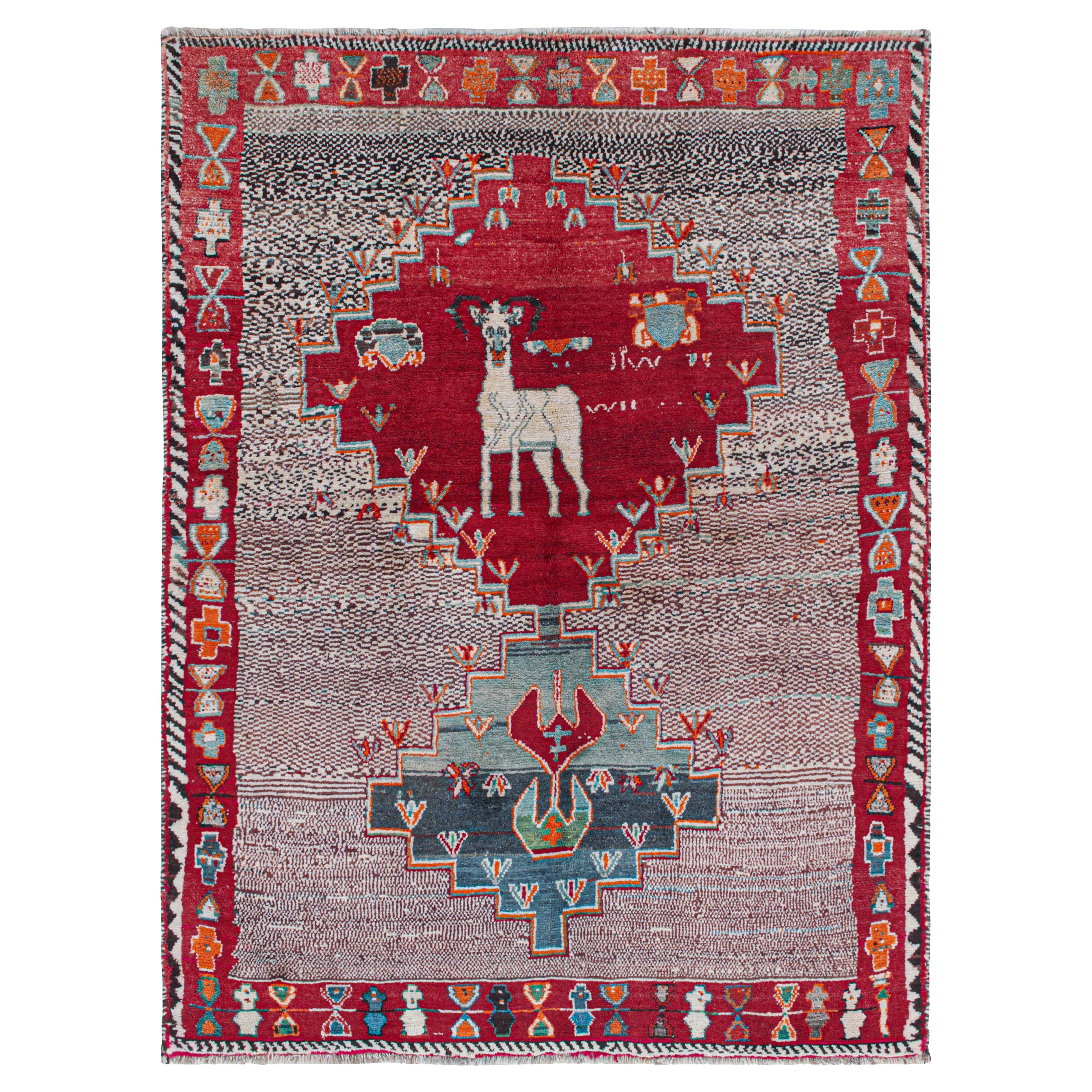 Qashqai Persischer Gabbeh-Teppich im Vintage-Stil mit Medaillon und Pictorial von Rug & Kilim, Qashqai im Angebot