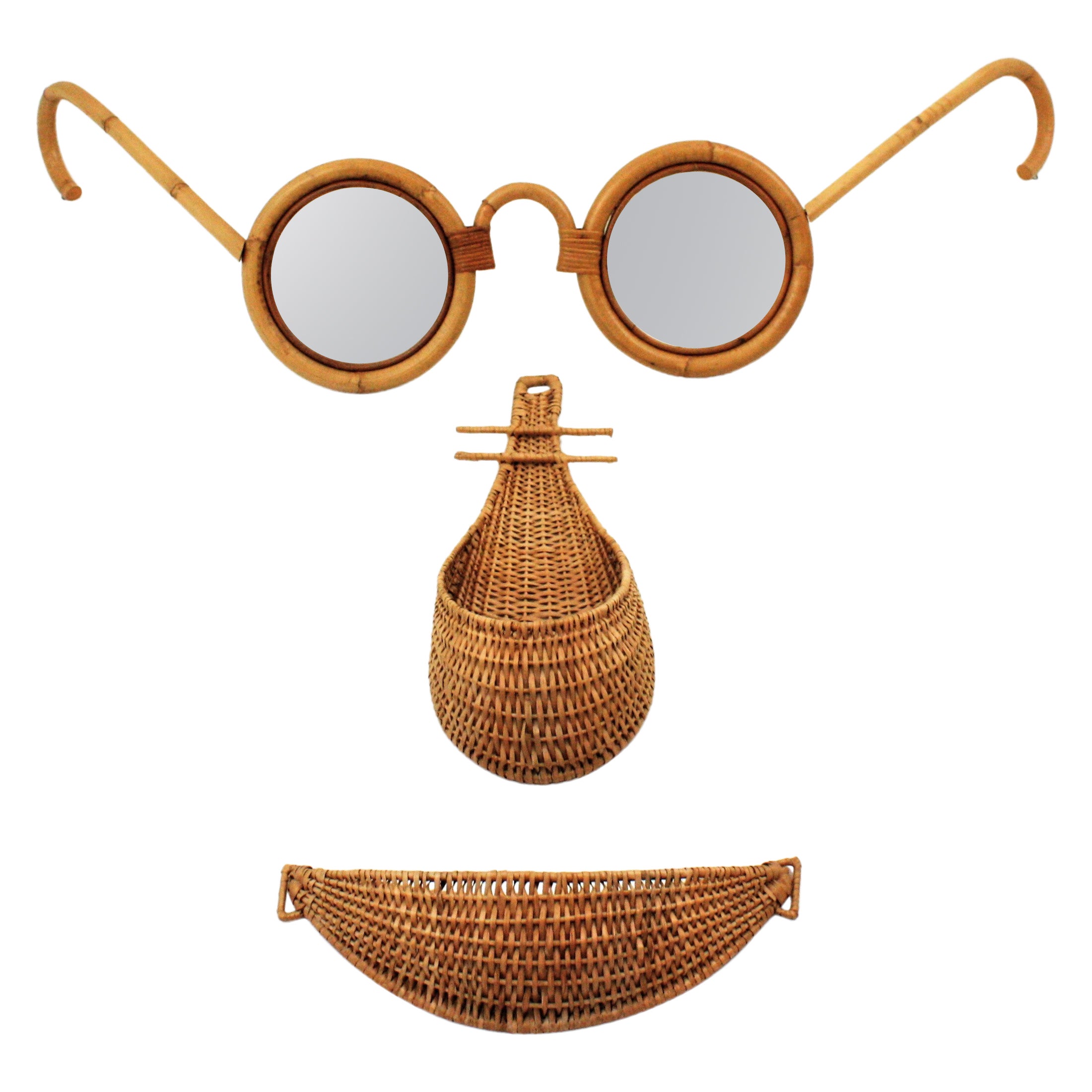 Rattan Bamboo Wicker Face Glasses Mirror Wall Decoration For Sale
