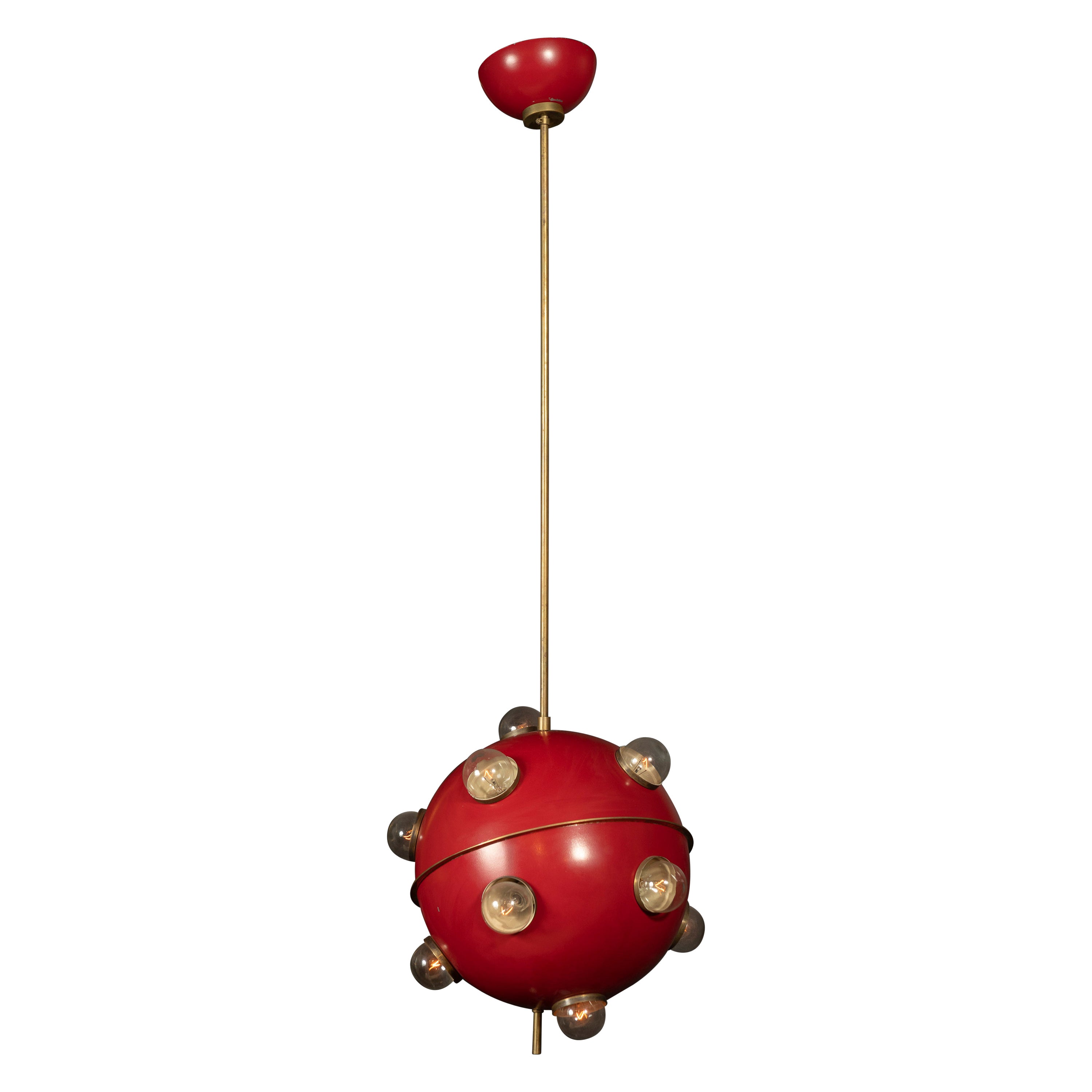 Oscar Torlasco, Model 553 Red Lacquered Metal and Polished Brass Pendant For Sale