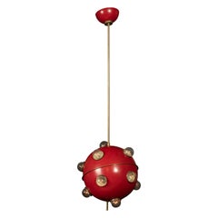 Vintage Oscar Torlasco, Model 553 Red Lacquered Metal and Polished Brass Pendant