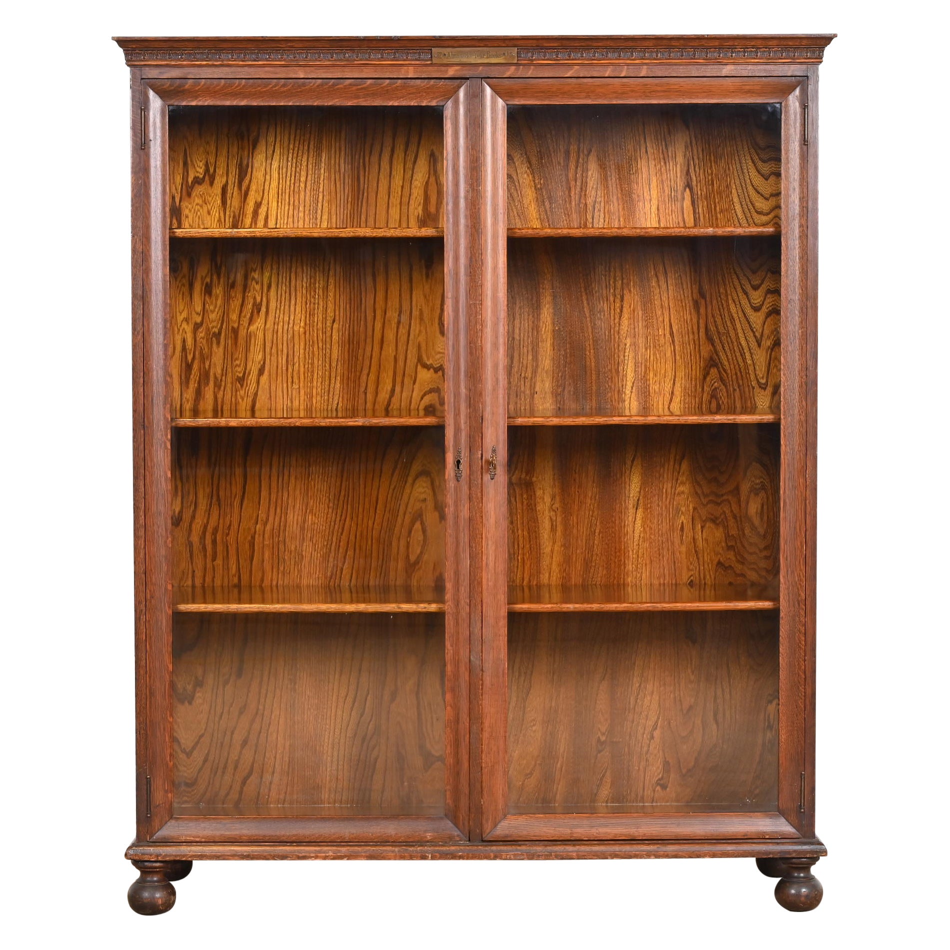 Antique Arts & Crafts Carved Oak Glass Front Double Bookcase, circa 1900