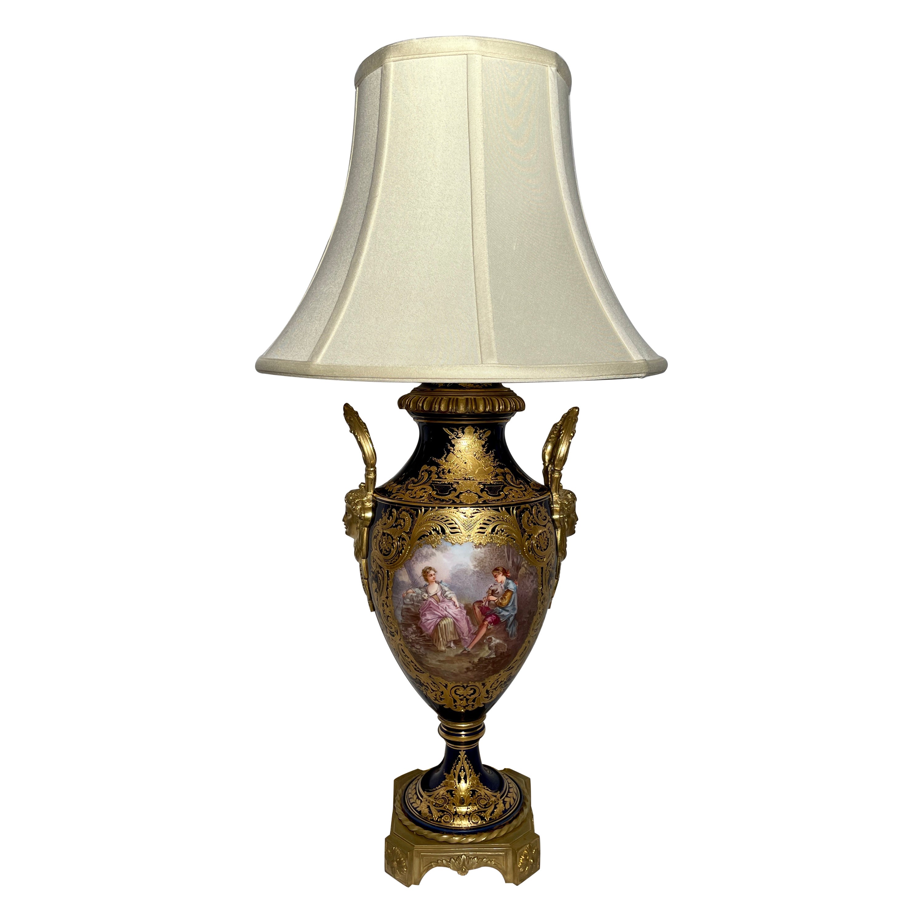 Antique French Gold Encrusted Cobalt Sèvres Porcelain Urn Converted to Lamp For Sale