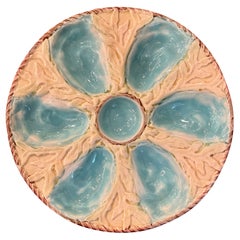 Ancienne assiette à huîtres anglaise en majolique bleue et verte « S. Fielding », vers 1880