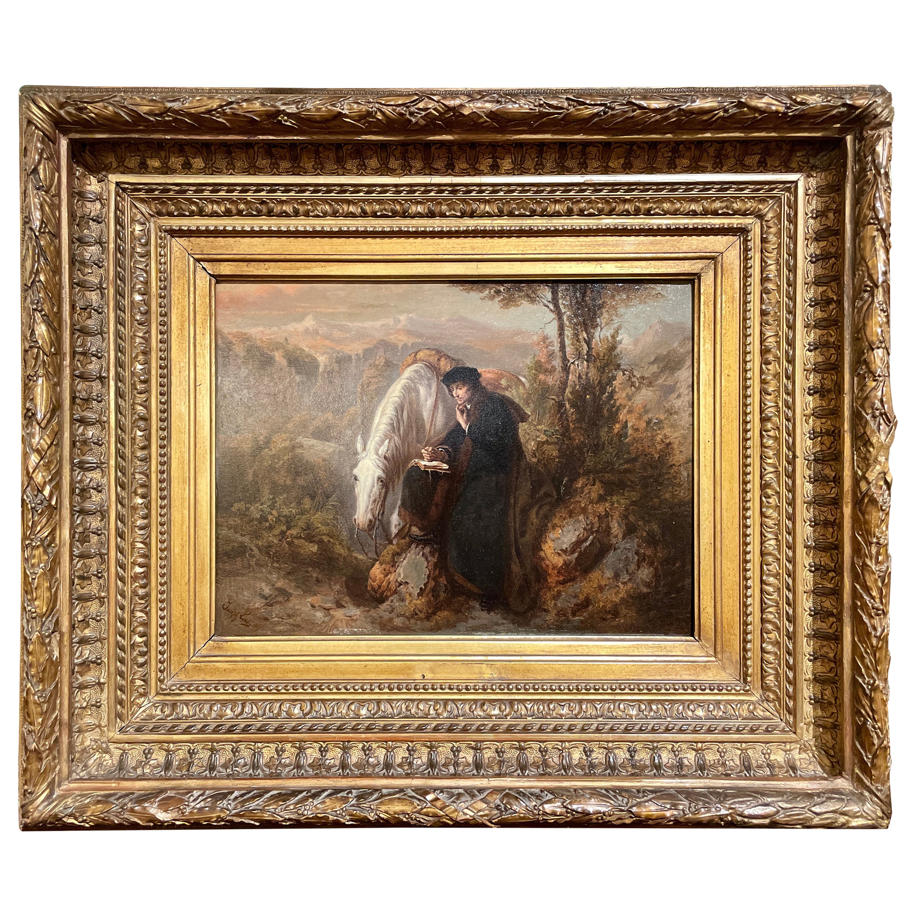 Antiguo cuadro belga del siglo XIX al óleo sobre tabla de Joseph Hendrick Huber Lies